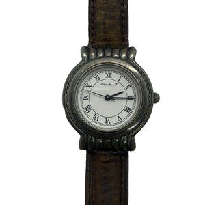 Vtg Eddie Bauer Bronze Silver Toned Date Watch 5ATM WR 42102 Brown Leather Band